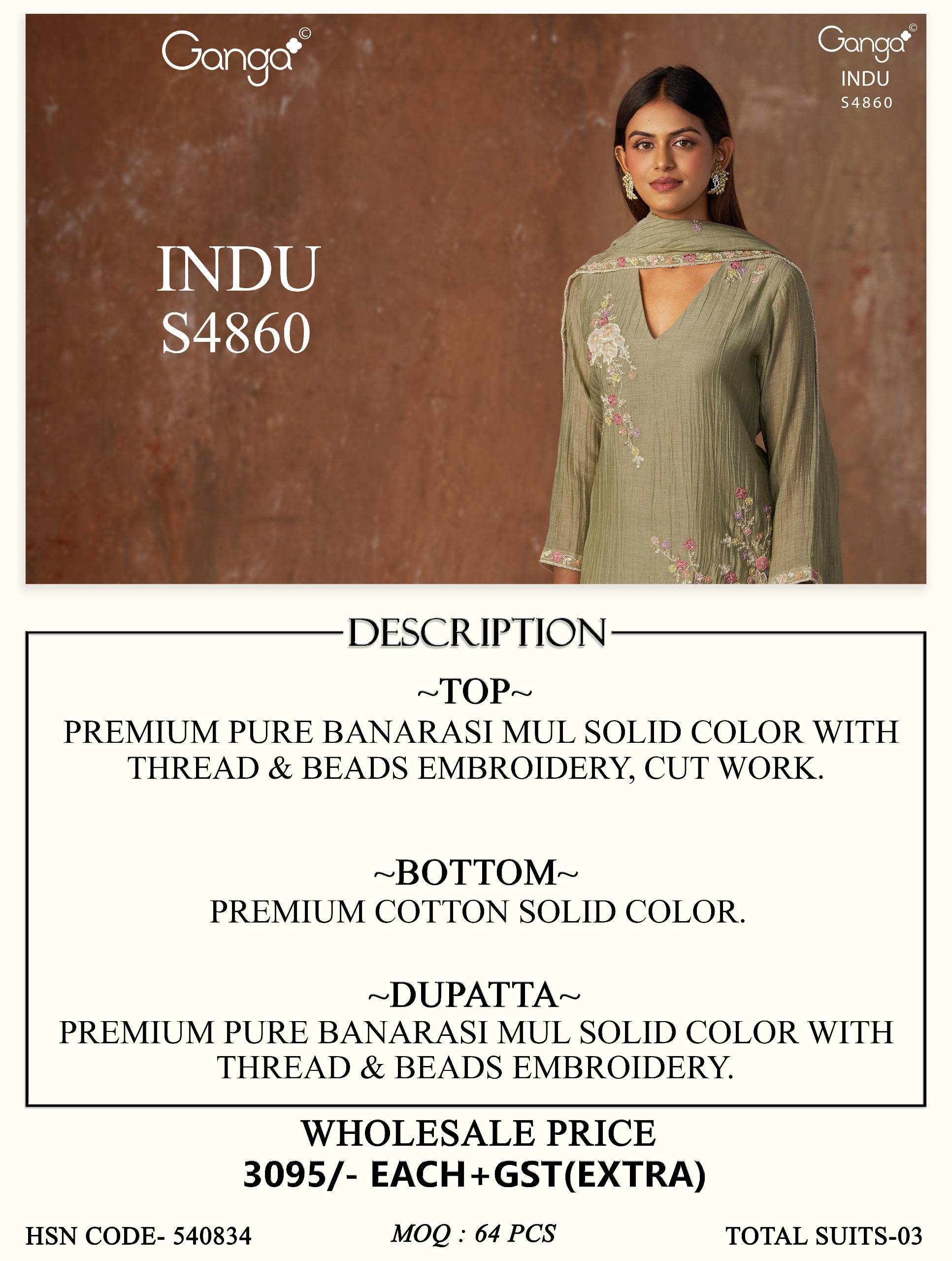 INDU 4860 Series By GANGA FASHION Stylish Beautiful Colourful PURE BANARASI MUL Dresses At Wholesale Price